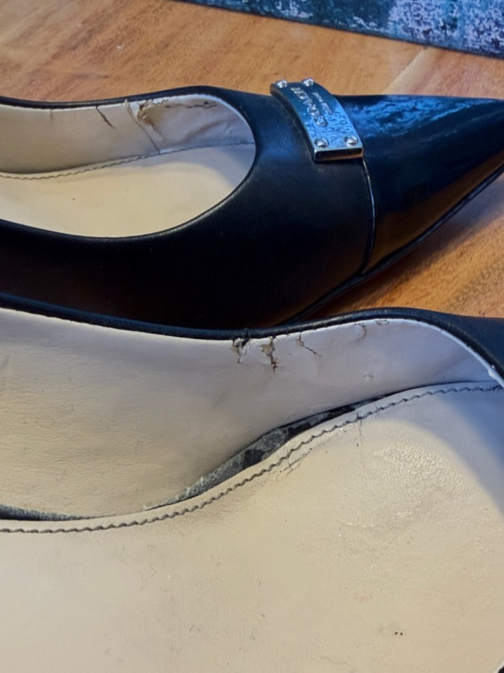 Coach Black Pointed Toe Leather Pumps with Silver Logo Plate - Picture 7 of 14